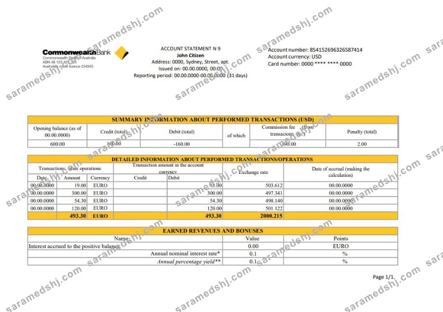 Australia Commonwealth Account Bank statement template in Excel and PDF format, fully editable